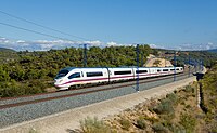 High-speed AVE Class 103 train near Vinaixa, Madrid-Barcelona line. Spain has the longest high-speed rail network in Europe.