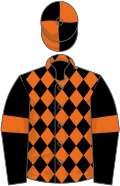 Black and orange diamonds, black sleeves, orange armlets, quartered cap
