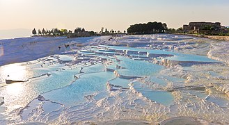 Aegean Region: Pamukkale in Denizli Province has snow-white color from travertine buildup.