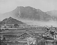General view of Kowloon c. 1868, with Lion Rock in the background overlooking the Qing-era Kowloon Walled City