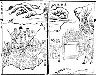 17th century Chinese illustration of workers at a blast furnace, making wrought iron from pig iron