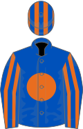 Royal blue, orange disc, striped sleeves and cap