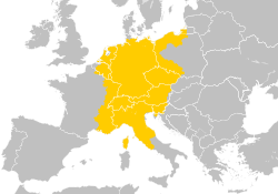The Holy Roman Empire at its greatest territorial extent imposed over modern borders, c. 1200–1250