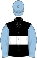 Black, white hoop, light blue sleeves and cap