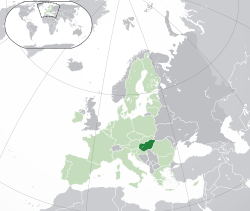 Location of Hungary (dark green) – in Europe (green & dark grey) – in the European Union (green) –